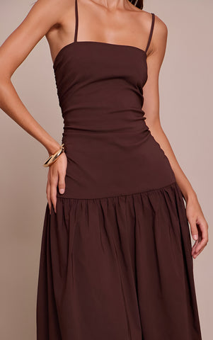 Chocolate Stretch Woven Strappy Ruched Maxi Dress