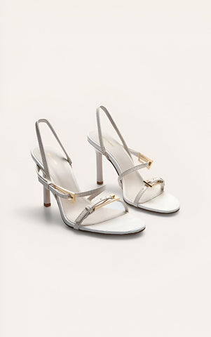 Black Buckle Asymmetric Strap Round Toe Heeled Sandals