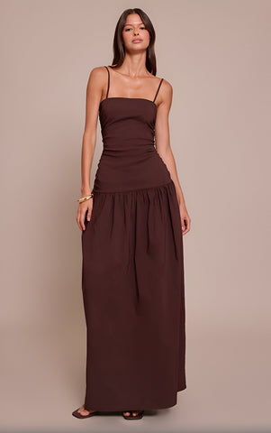Chocolate Stretch Woven Strappy Ruched Maxi Dress