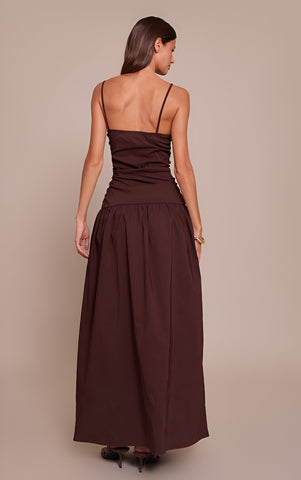 Chocolate Stretch Woven Strappy Ruched Maxi Dress