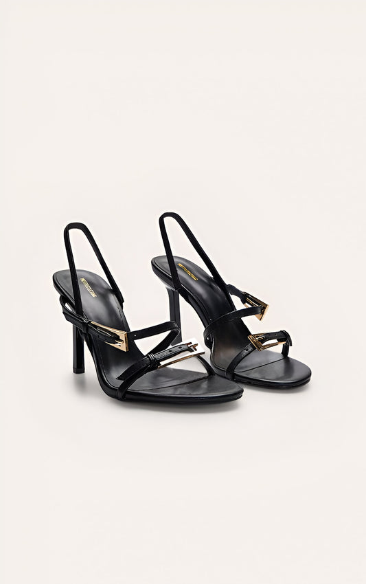 Black Buckle Asymmetric Strap Round Toe Heeled Sandals