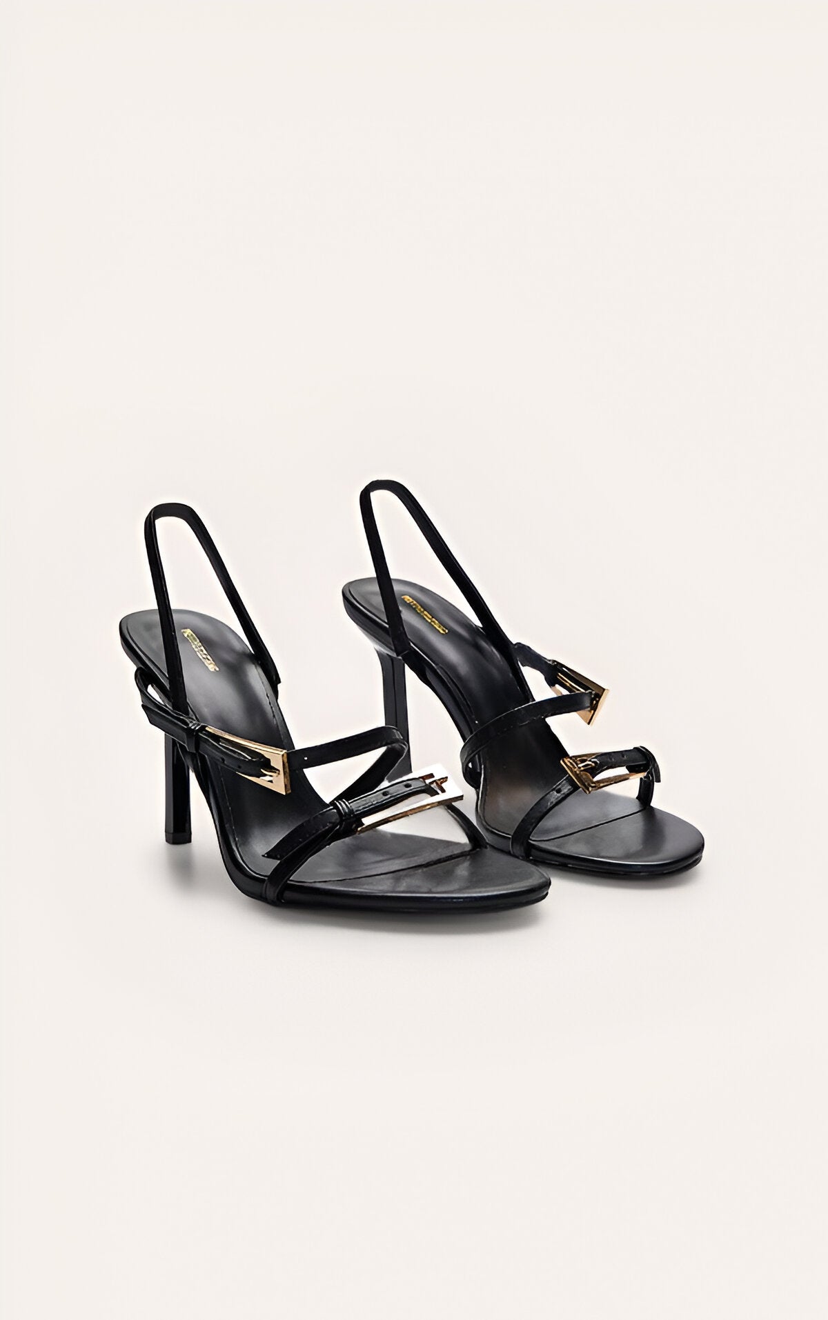 Black Buckle Asymmetric Strap Round Toe Heeled Sandals