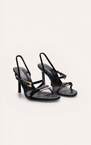 Black Buckle Asymmetric Strap Round Toe Heeled Sandals