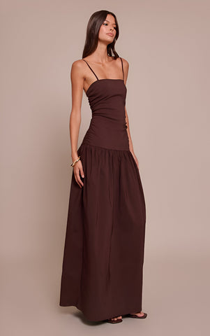 Chocolate Stretch Woven Strappy Ruched Maxi Dress