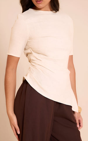 Beige Lightweight Woven Ruched Side Detail T Shirt