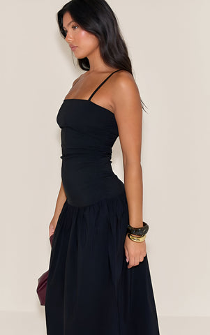 Chocolate Stretch Woven Strappy Ruched Maxi Dress