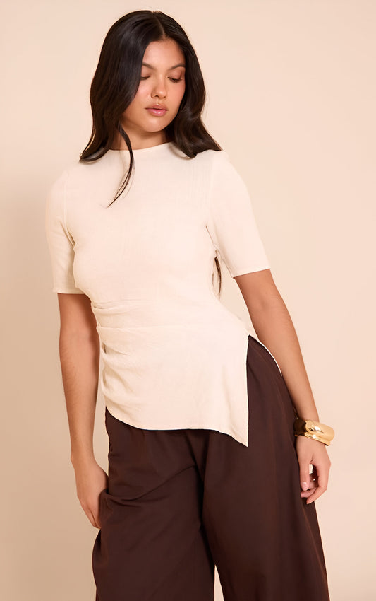 Beige Lightweight Woven Ruched Side Detail T Shirt
