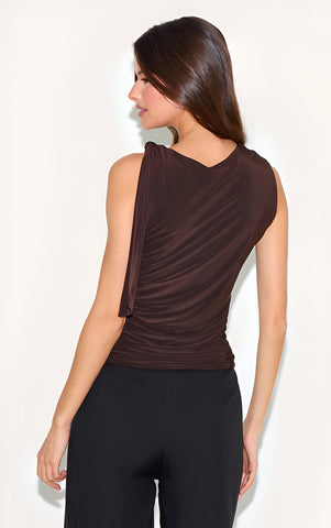 Chocolate Double Layer Slinky Shoulder Tie Detail Top