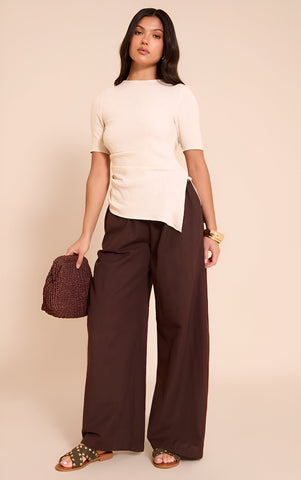 Beige Lightweight Woven Ruched Side Detail T Shirt