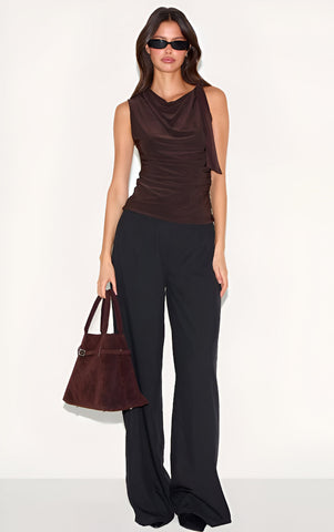 Chocolate Double Layer Slinky Shoulder Tie Detail Top