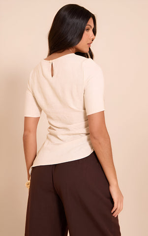 Beige Lightweight Woven Ruched Side Detail T Shirt