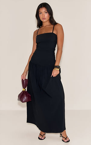 Chocolate Stretch Woven Strappy Ruched Maxi Dress