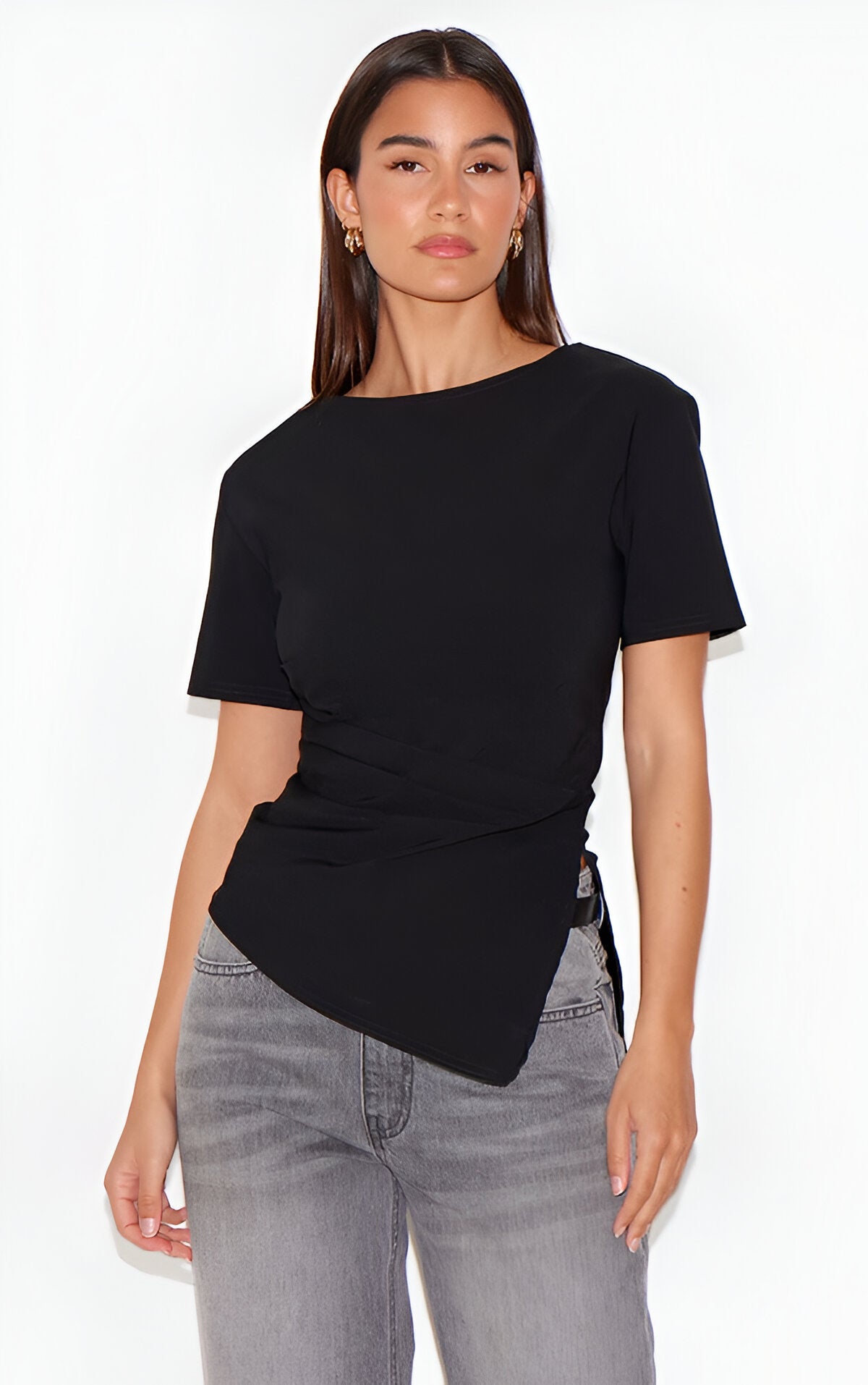 Black Bengaline Ruched Asymmetric Detail Long Top
