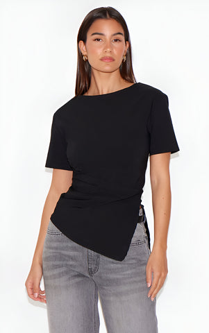 Black Bengaline Ruched Asymmetric Detail Long Top