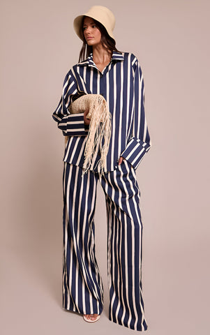 Navy Satin Pinstripe Wide Leg Trousers