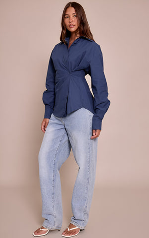 Navy Cotton Multi Button Cinched Shirt