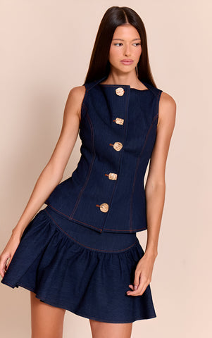 Indigo Blue Chambray Denim Pleated Mini Skirt