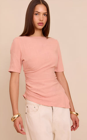 Beige Lightweight Woven Ruched Side Detail T Shirt
