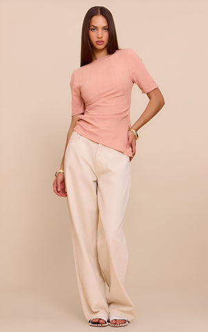 Beige Lightweight Woven Ruched Side Detail T Shirt