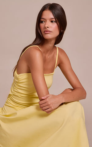 Chocolate Stretch Woven Strappy Ruched Maxi Dress