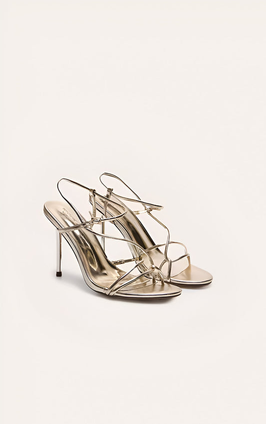 Gold Wide Fit Pu Strappy Asymmetric Buckle High Stiletto Heeled Sandals