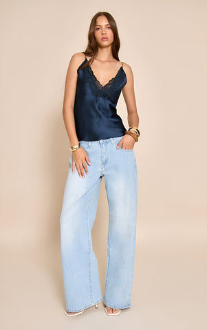 Navy Satin Lace Detail Cami Top