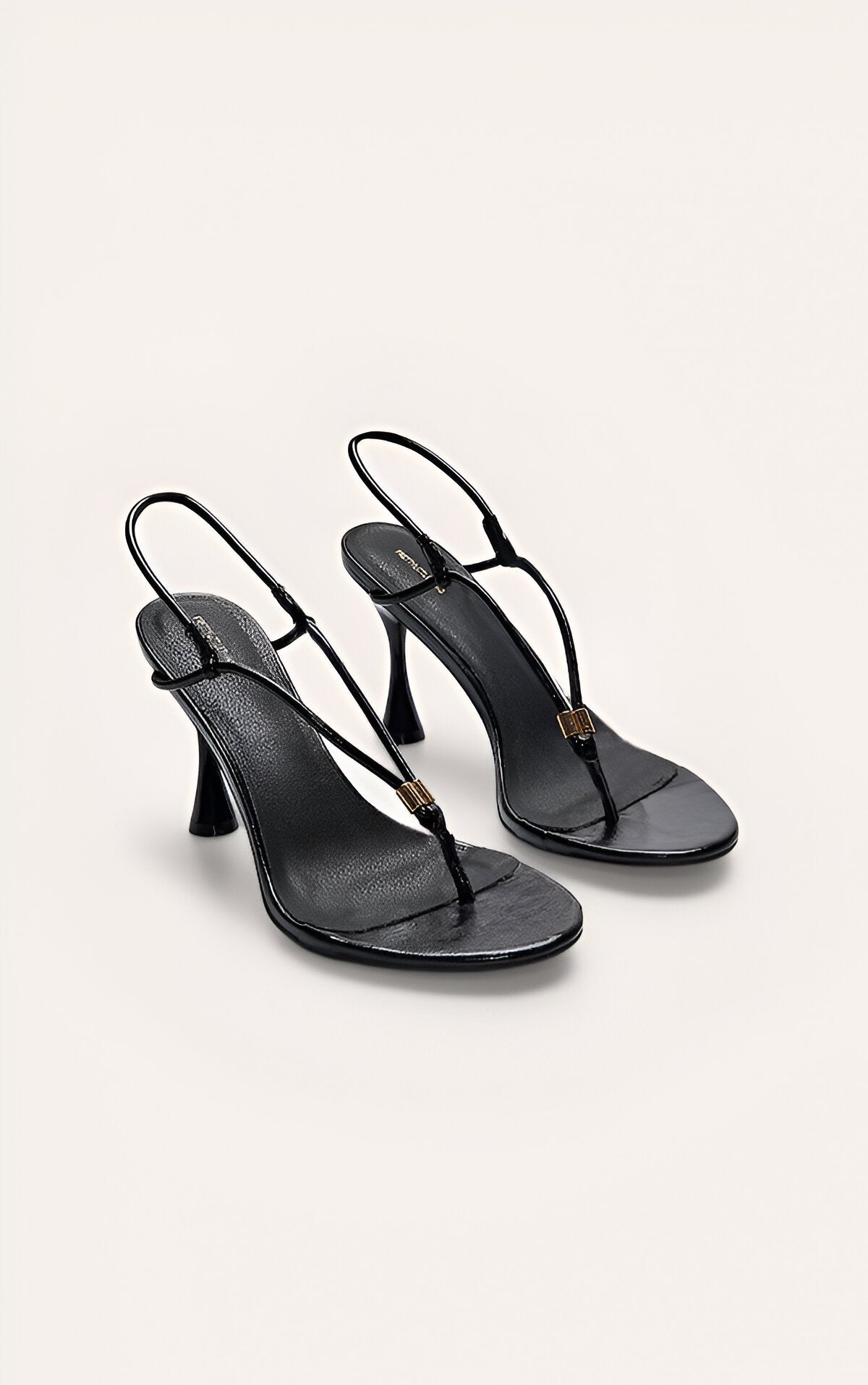 Black Crinkle PU Toe Thong Round Toe Heeled Sandals
