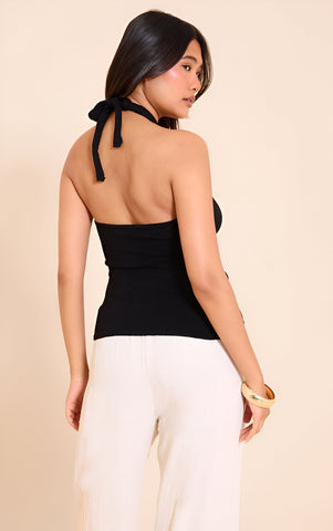 Black Trim Detail Wrap Halter Neck Top