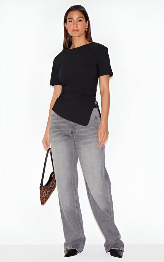 Black Bengaline Ruched Asymmetric Detail Long Top