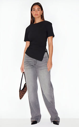 Black Bengaline Ruched Asymmetric Detail Long Top