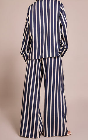 Navy Satin Pinstripe Wide Leg Trousers