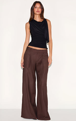 Chocolate Double Layer Slinky Shoulder Tie Detail Top