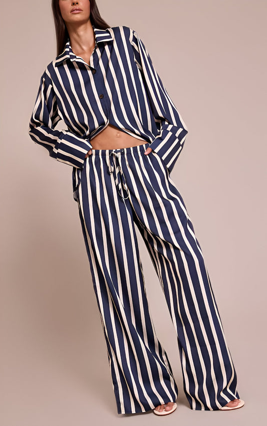 Navy Satin Pinstripe Wide Leg Trousers