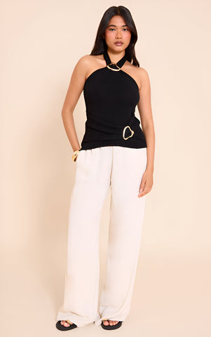 Black Trim Detail Wrap Halter Neck Top