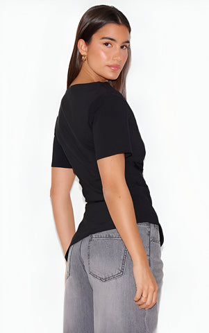 Black Bengaline Ruched Asymmetric Detail Long Top
