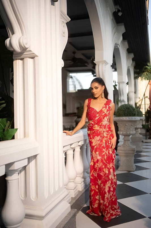 Fuschia Pink Printed Saree with Sleeveless Hand-Embroidered Blouse