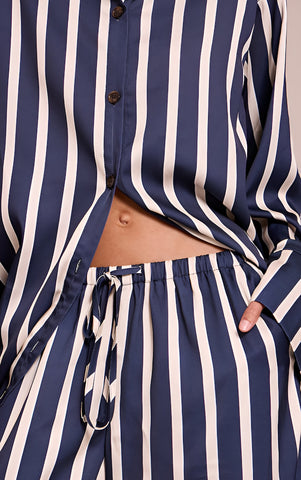 Navy Satin Pinstripe Wide Leg Trousers