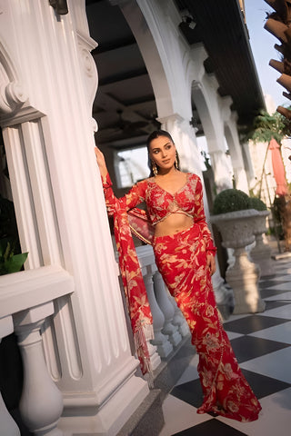Fuschia pink printed saree set