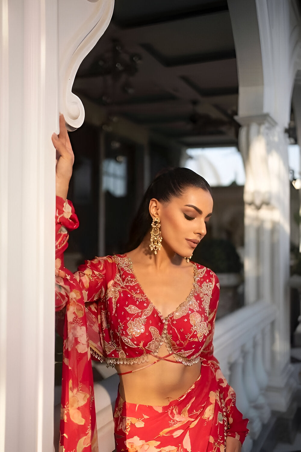 Fuschia pink printed saree set