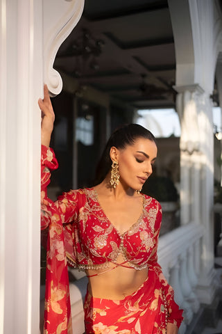 Fuschia pink printed saree set