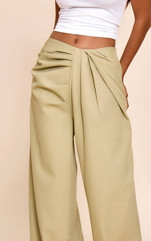 Petite Sage Green Tailored Woven Pleat Detail Wide Leg Trousers