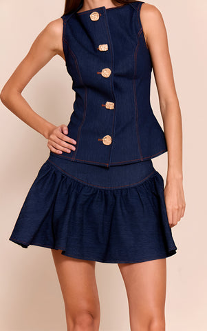 Indigo Blue Chambray Denim Pleated Mini Skirt