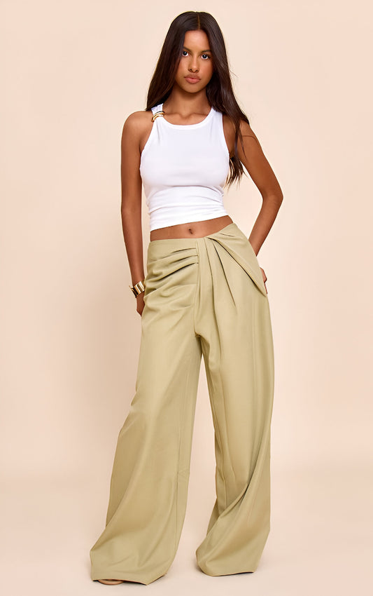 Petite Sage Green Tailored Woven Pleat Detail Wide Leg Trousers