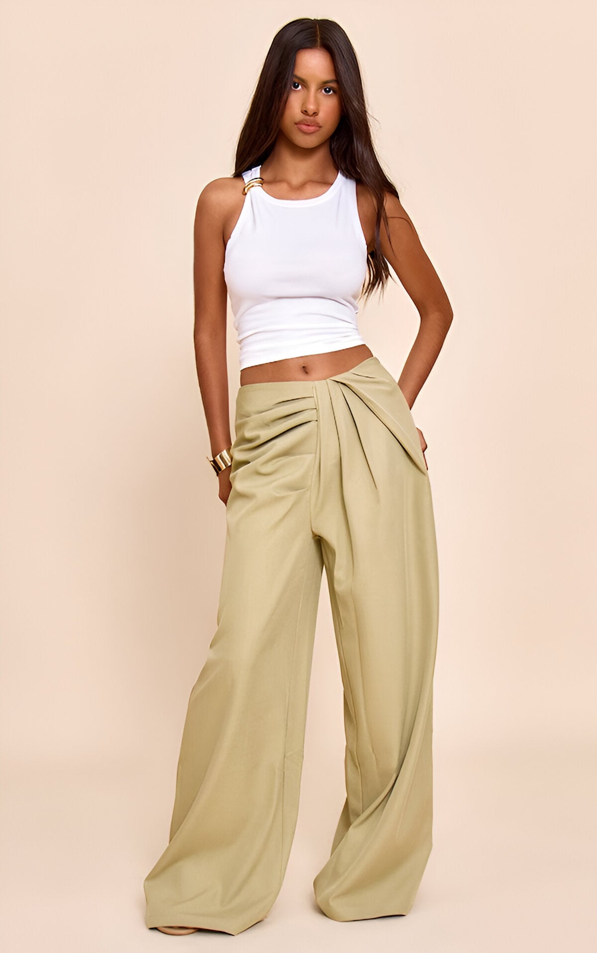 Petite Sage Green Tailored Woven Pleat Detail Wide Leg Trousers