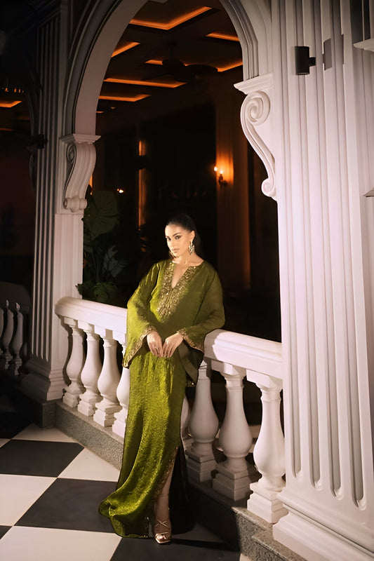 Luster green hand embroidered kaftaan