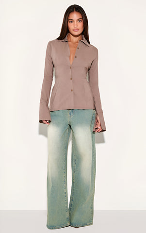 Chocolate Bengaline Cinched Waist Detail Long Sleeve Shirt