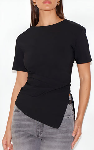 Black Bengaline Ruched Asymmetric Detail Long Top