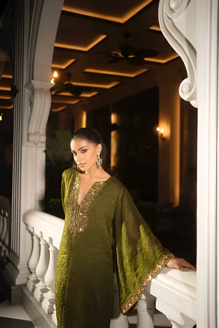 Luster green hand embroidered kaftaan
