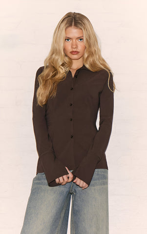 Chocolate Bengaline Cinched Waist Detail Long Sleeve Shirt