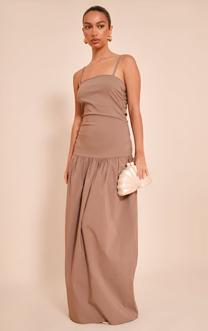 Chocolate Stretch Woven Strappy Ruched Maxi Dress